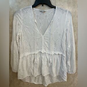 American Eagle White Eyelet Babydoll Tassel Top Peasant Boho Size Small